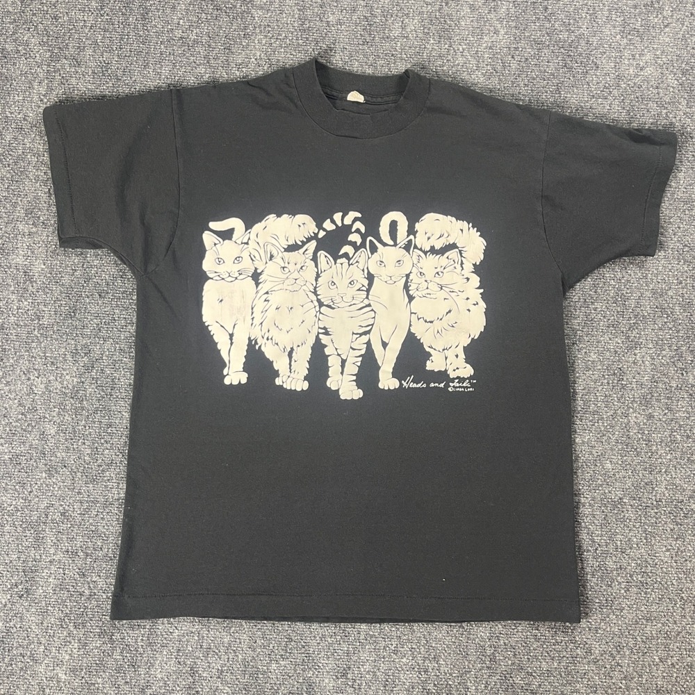 Vintage Heads and Tails Linda Lori Cat Graphic T-Shirt Black XL Screen Stars